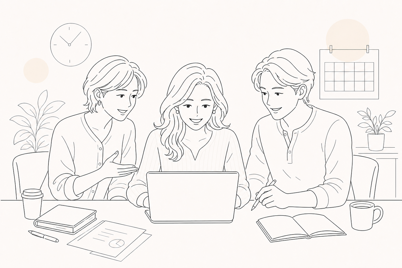 楽しそうにPCを操作する女性を、インタビュアーとAI実装者が両側から支える様子