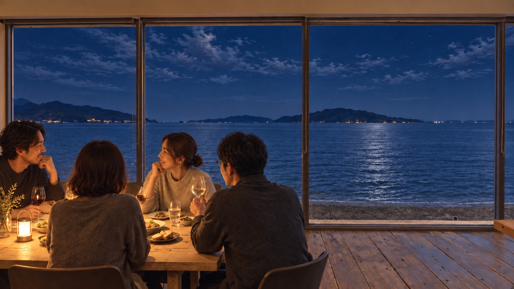 夜の海を望む窓辺で、暖かな灯りと軽食を囲んで語らう人たちのイメージ